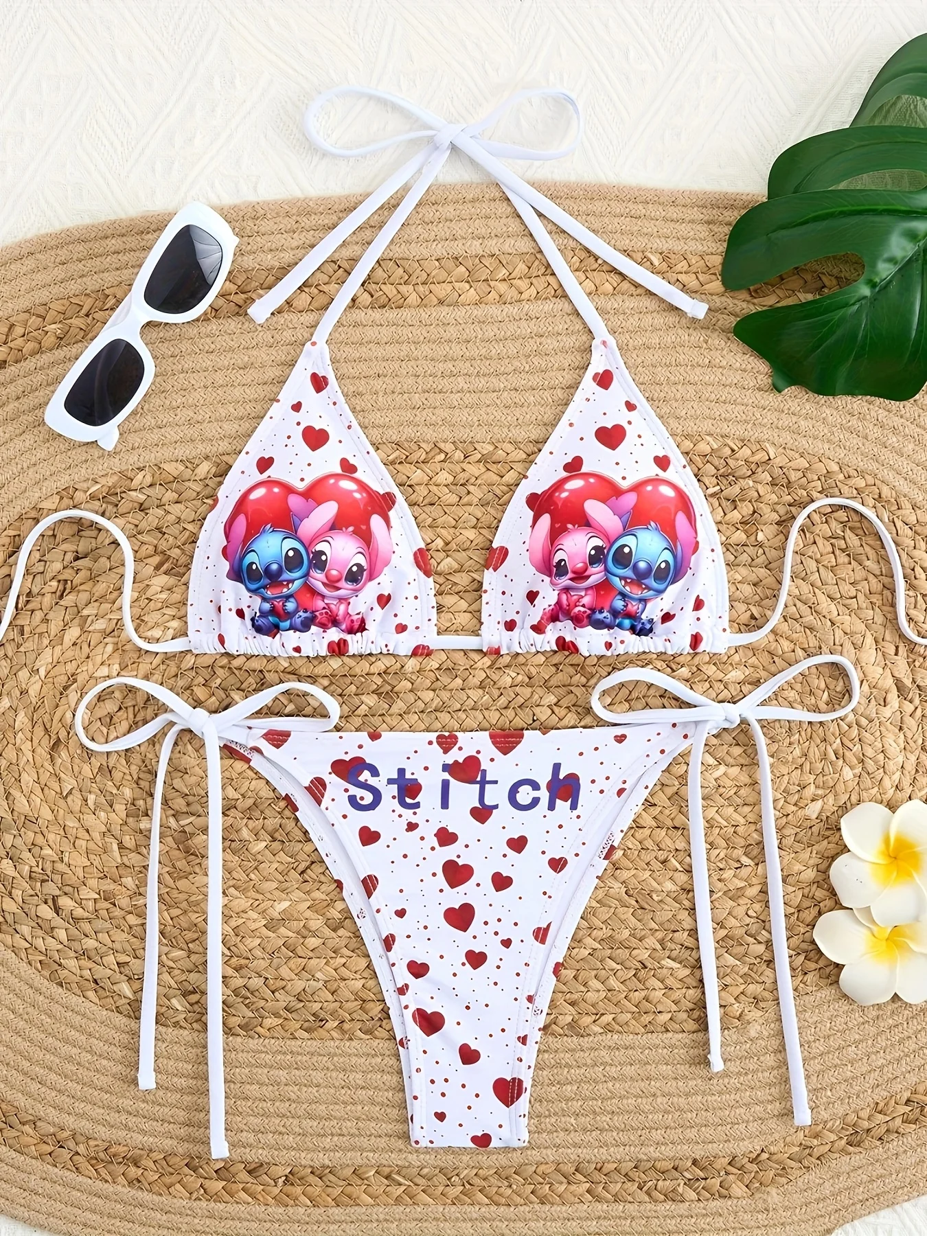 

Купальник-бикини с принтом «Сердца» Stitch & Angel, женский, белый, регулируемый, из двух частей, милый пляжный купальник ко Дню святого Валентина