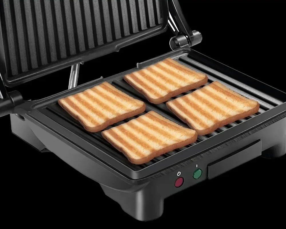 

#Electric Panini Press & Grill, 4-Slice Non-Stick Press, Opens Flat for Grill - Stainless