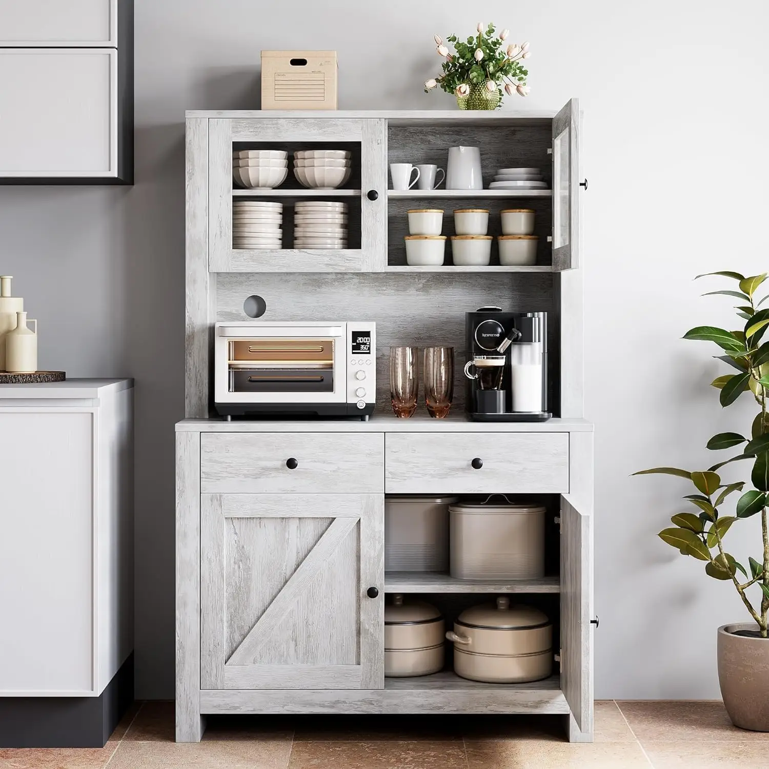 Kitchen Pantry with Microwave Support, Freestanding Kitchen Cabinet with Sideboard, with Adjustable Shelves