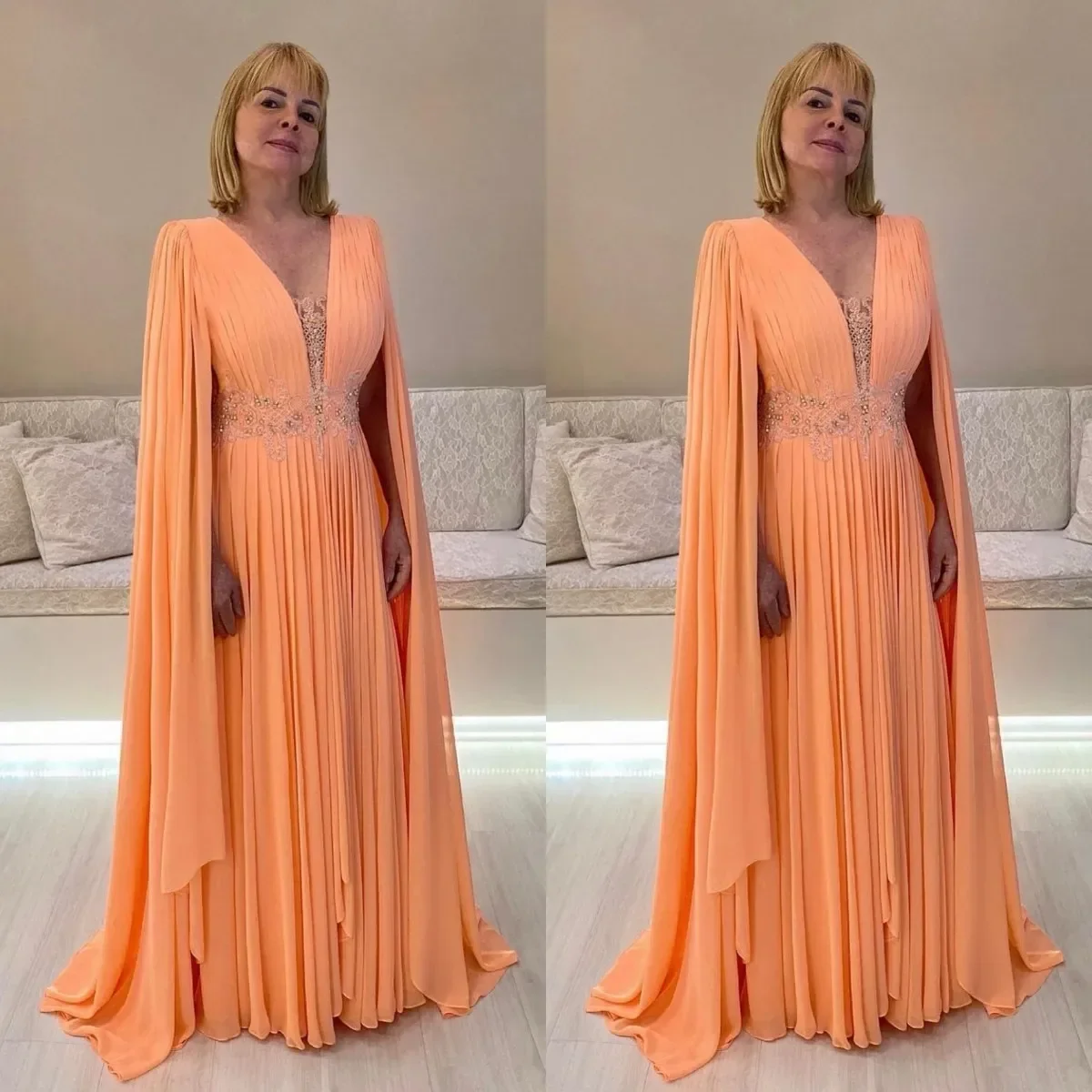 Customized Elegant Mother of The Bride Dresses with Cape V Neck Wedding Guest Dress Beaded Appliqued Waist Floor Length Evening