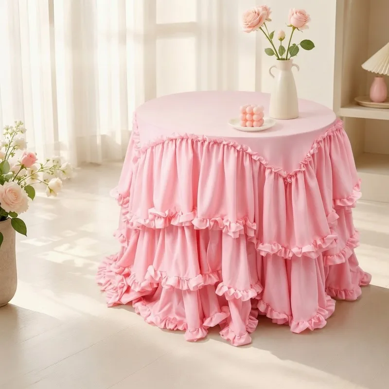 Romantic Ruffled Round Tablecloth Smooth Draping Multi-Layer Ruffle Table Cover Wedding Party Table Skirt Home Textile Decor