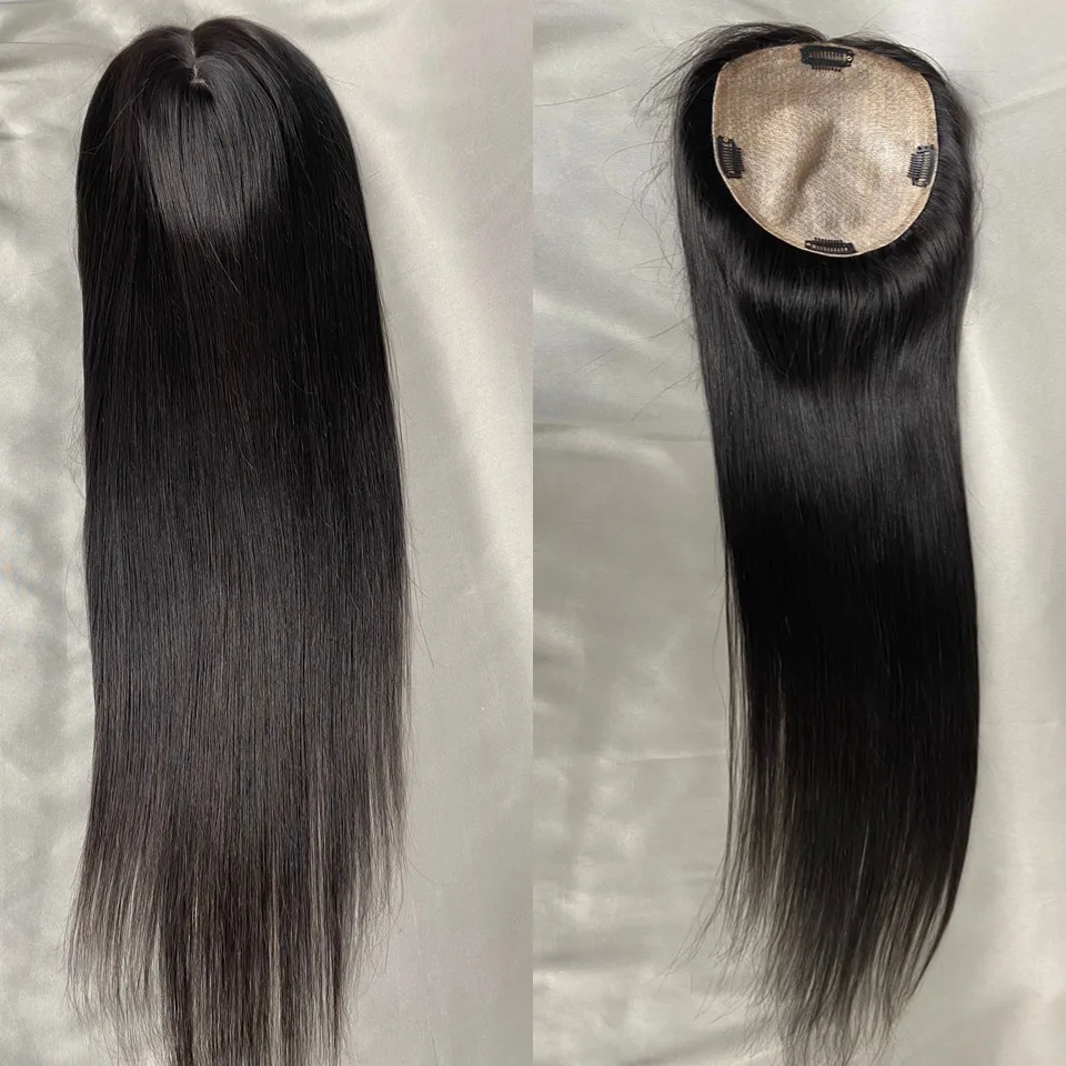 Natural Black Color Remy Human Hair Topper Free Parting Skin Silk Base Natural Scalp Hair Clips Toppers for Women Human Hair