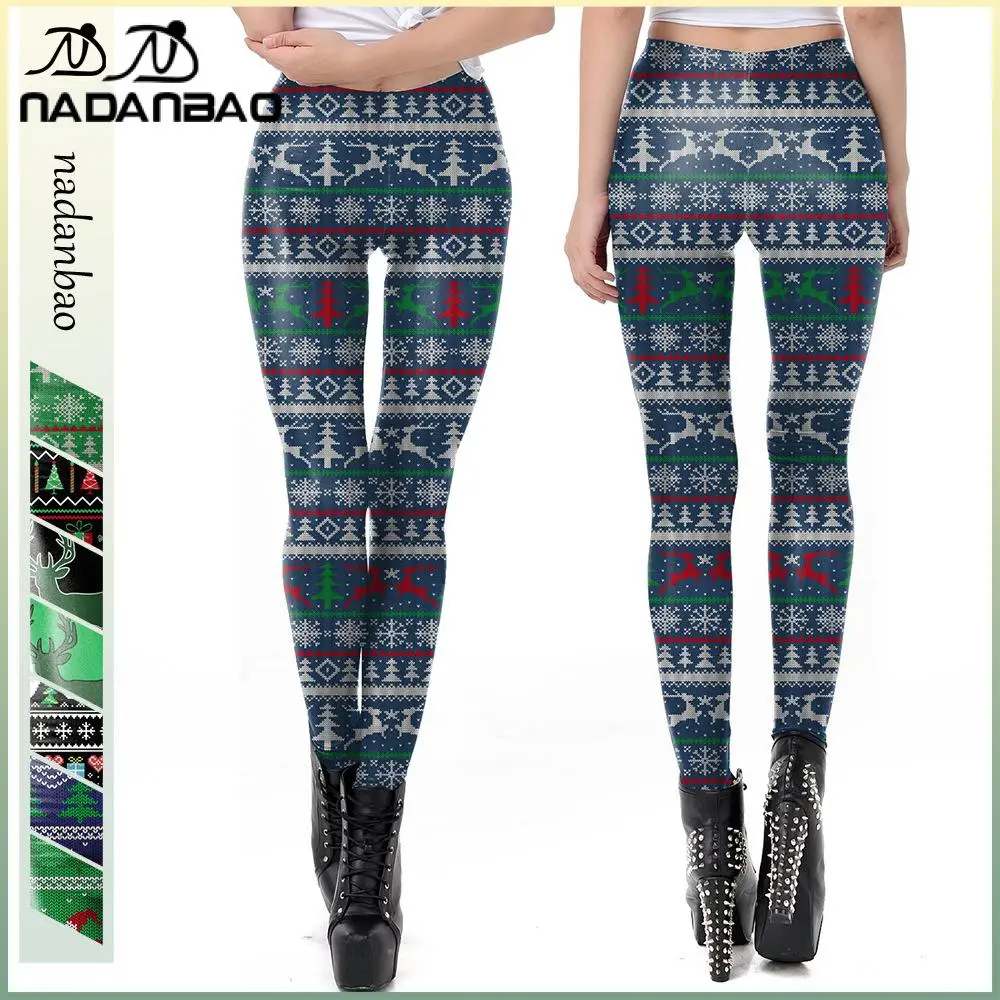 Nadanbao Christmas Funny Holiday Party Pants Women 3D Digital Printing Leggings Female Mid Waist Elastic Tights Trousers