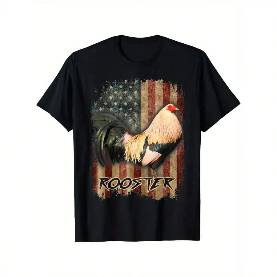 American Flag Rooster Graphic Tee Casual Crew Neck T-Shirt with Short Sleeves - Perfect for Summer Outings & Sports