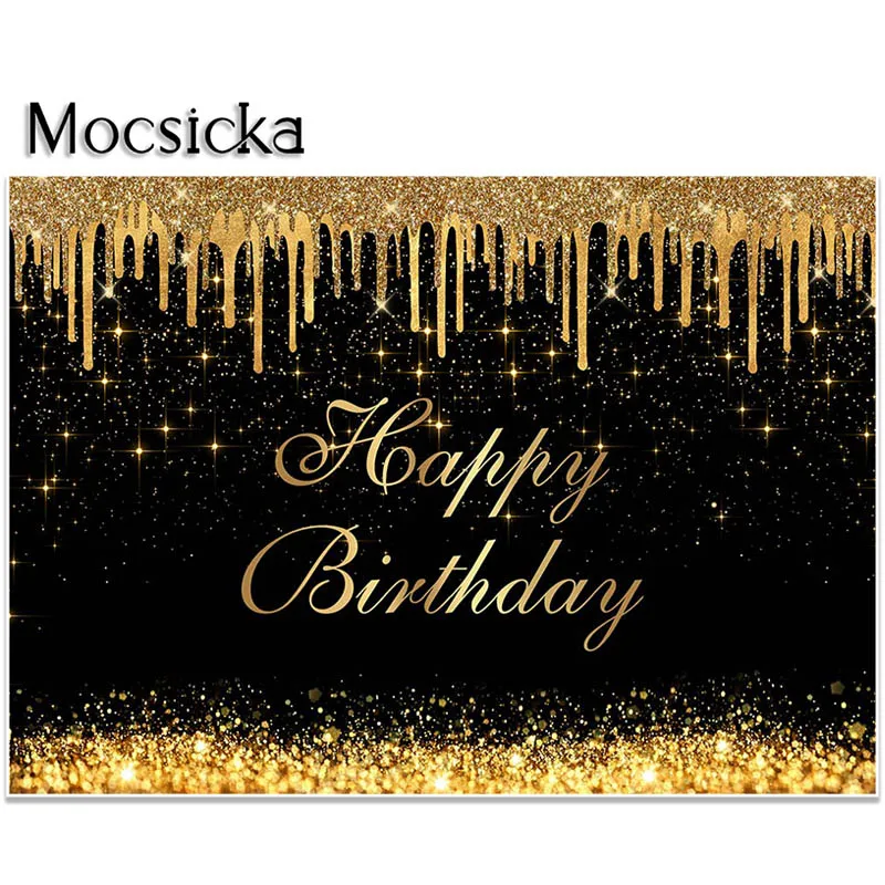 Mocsicka Golden Backdrop for Women Happy Birthday Party Decorations Black and Glitter Gold Photography Banckground Banners Props