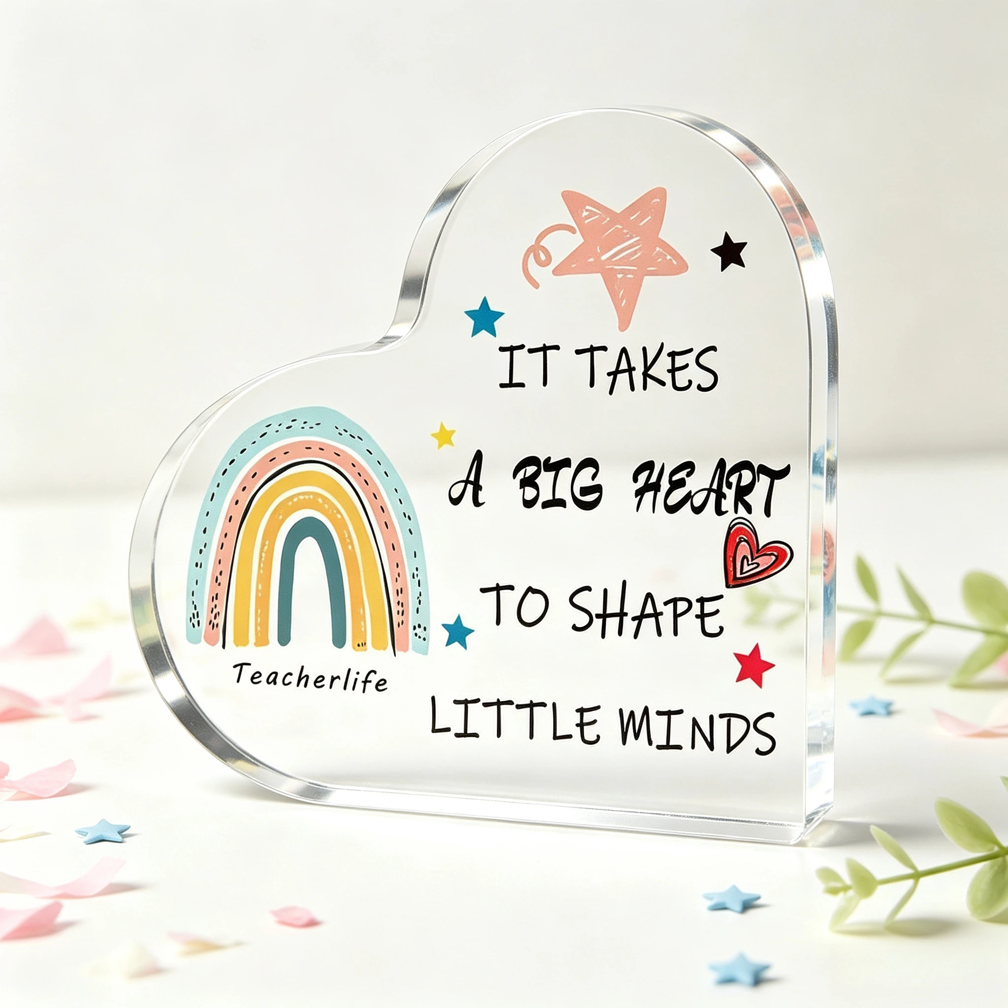 It Takes A Big Heart To Shape Little Minds Heart‑Shaped Acrylic Tabletop Plaque, Boho Rainbow Star Teacher Appreciation Desk Keepsake Gift