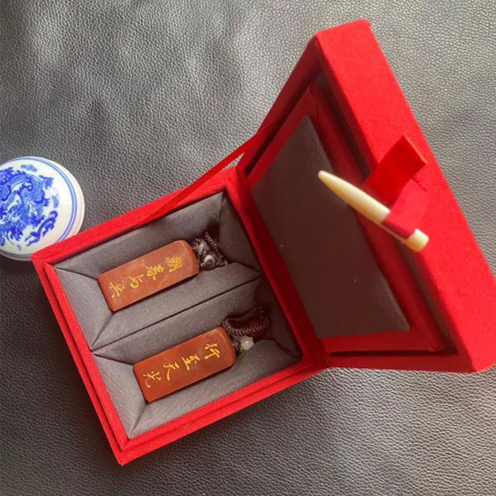 Engraved Name Stamp Embroidery Box For Gift Jade Seal Calligraphy Painting Chop 2 In 1 Red Chinese Traditional Storage Case Box