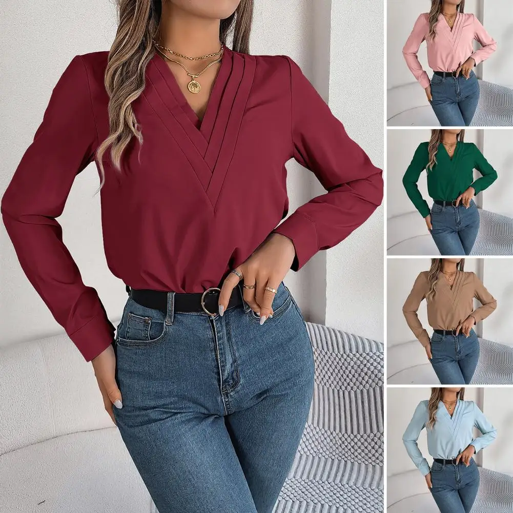 

Women Solid Color V-neck Shirt Stylish Layered Collar V-neck Women's Shirt for Wear Long Sleeve Solid Color Top with for Comfort