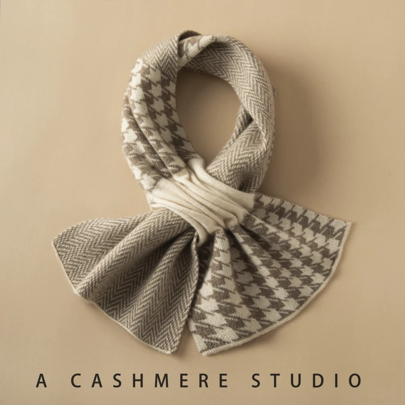 100% pure cashmere herringbone cross knit women's knitted scarf, versatile for autumn and winter, cute neck protection