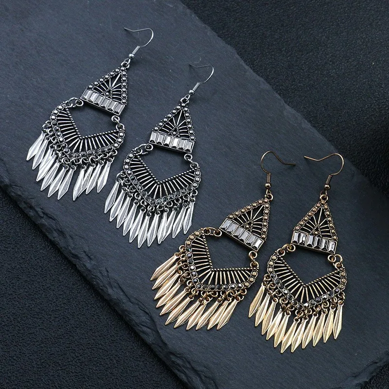 Ethnic Retro Gold/Silver Color Earring for Women Gypsy Geometric Tassel Dangling Earrings Female Hollow Jhumka Indian Jewelry