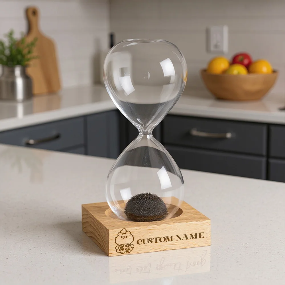قطعة واحدة من قطة لطيفة مع طعام، اسم مخصص لسطح المكتب، زجاج مغناطيسي، ساعة رملية مع قاعدة مؤقت رملية مع قاعدة من الخشب الطبيعي