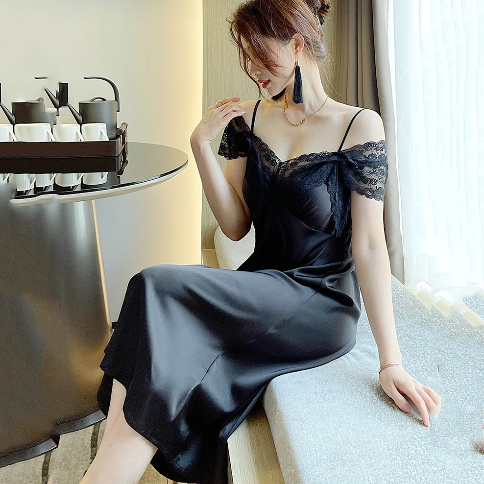 Spring Summer Black Sleepwear Sexy Lace Off Shoulder Nightgown French Women Long Nightdress Bathrobe Loose Satin Home Dress