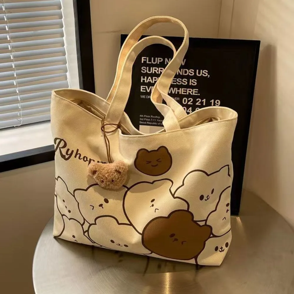 Cartoon Bear Canvas Shoulder Bag Handbag Large Capacity Tote School Bag Tutoring Bag Casual Commuting Bag Underarm Bag