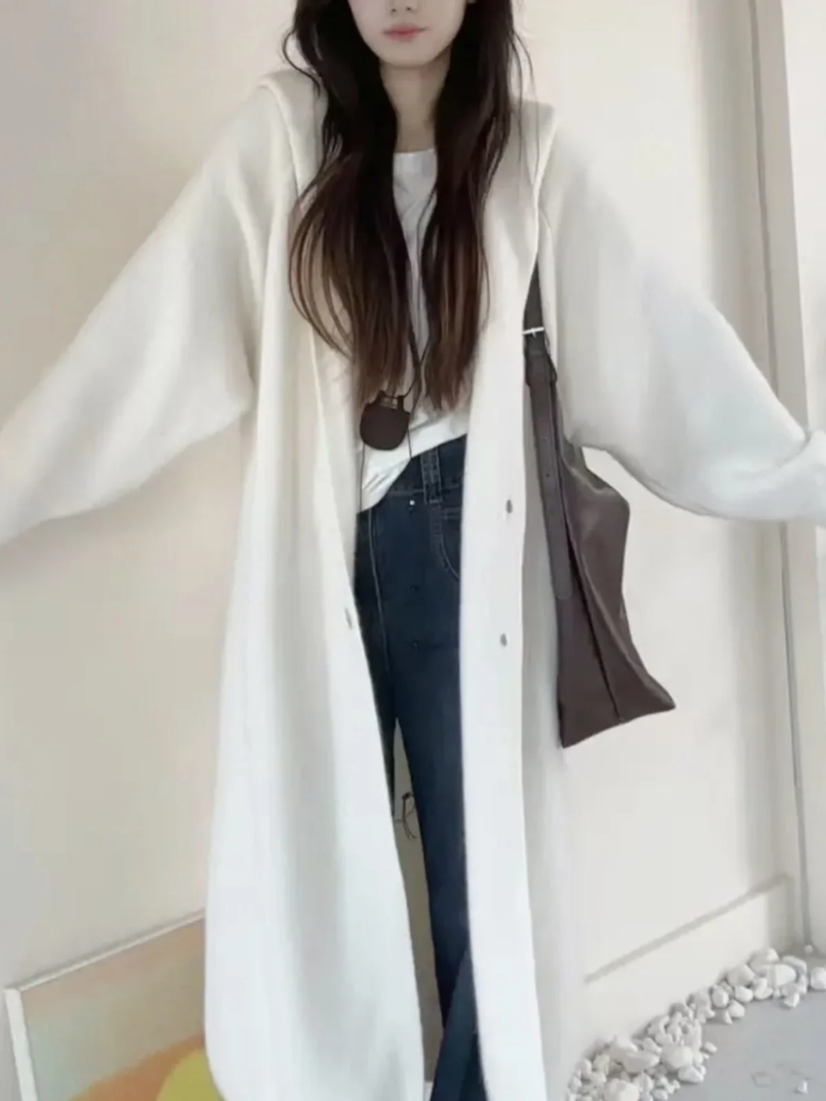 

Ladies' Knitted Hooded Sweater Coat Mid-Length Casual Sle Winter Faion Korean Loose Fit Versatile Warm Thermal Outerwear