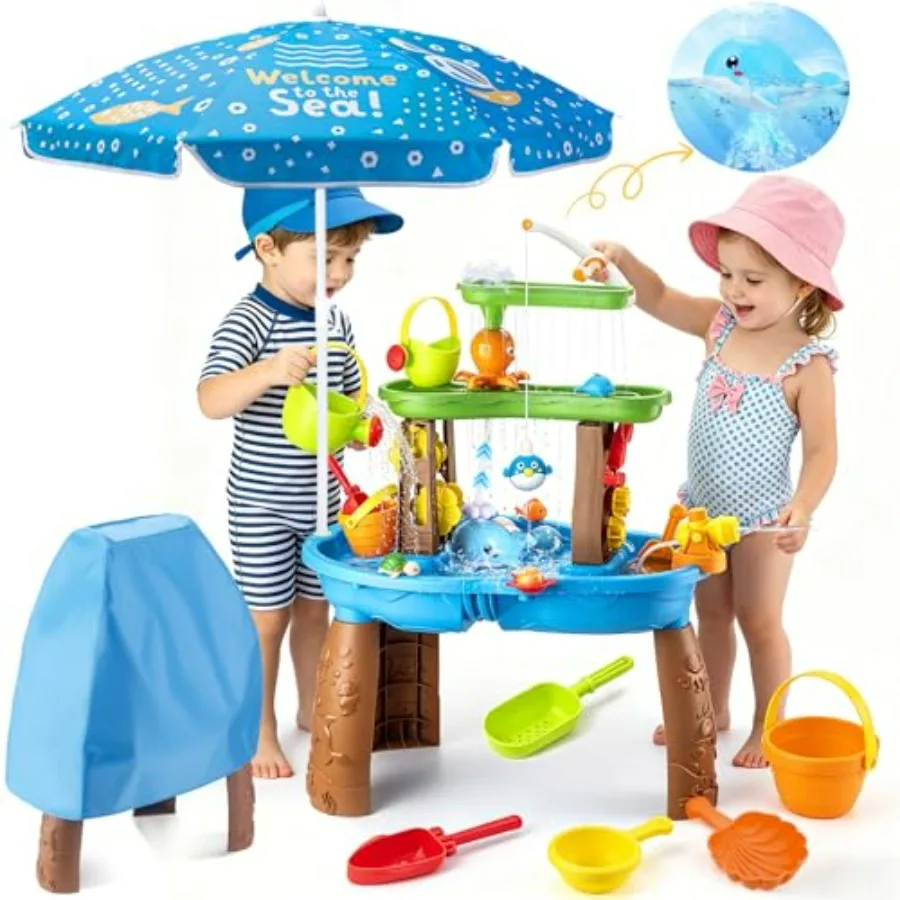 Outdoor toddler water table with umbrella fishing game set, BPA-free plastic, blue and yellow, auto electric pump for easy setu