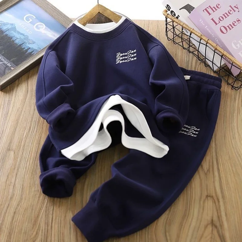4-14 Years Boys Fashion False 2-Piece Sweatshirt + Jogger Pants 2-Piece Suit Kids Spring Autumn Casual Long Sleeve Tracksuit Set