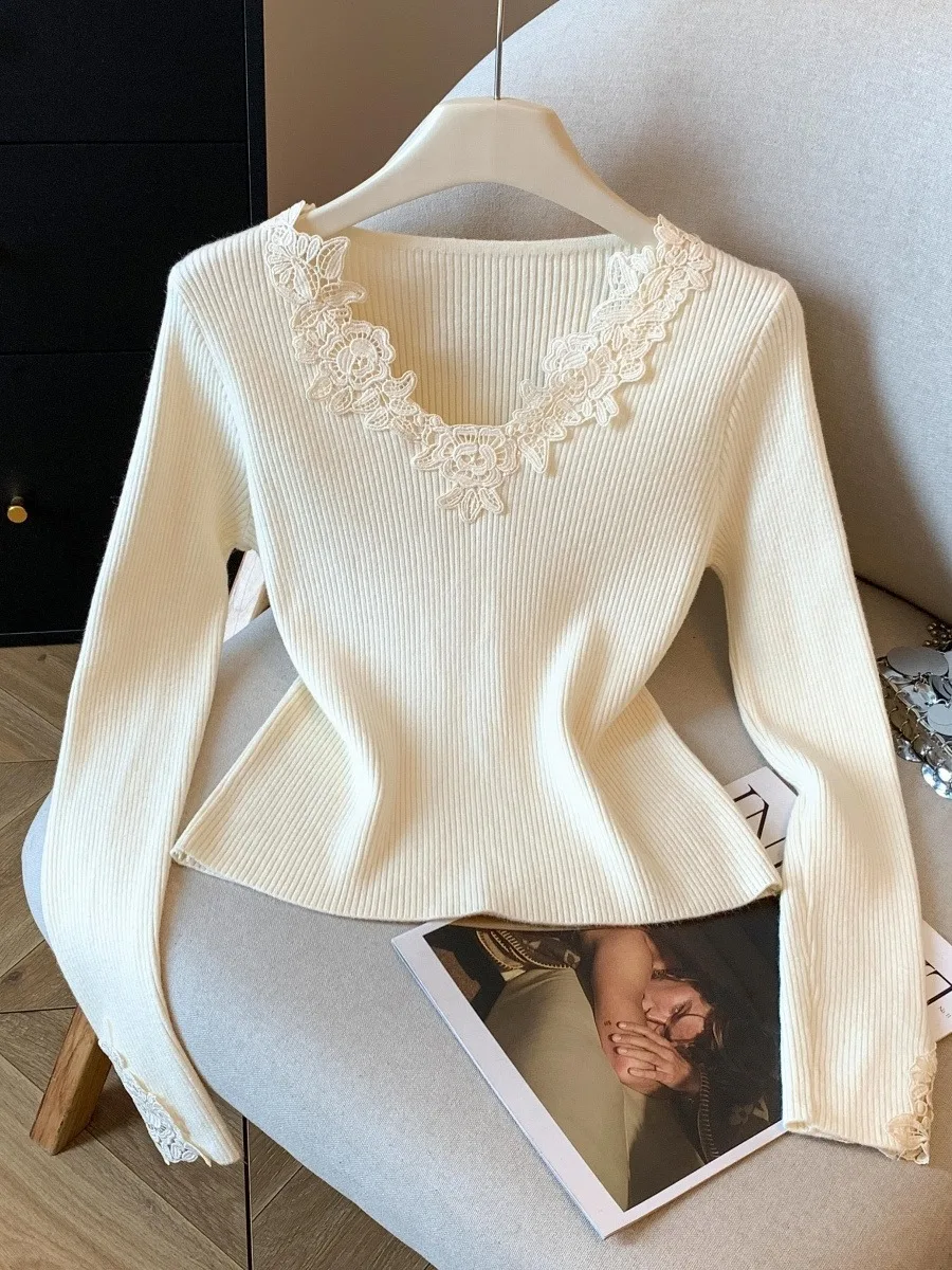 الحلو Sle الدانتيل هوك محبوك V-ne أعلى المرأة سليم صالح طويل Sve تريكو الخريف الشتاء Faion Ci المشي قاعدة irt