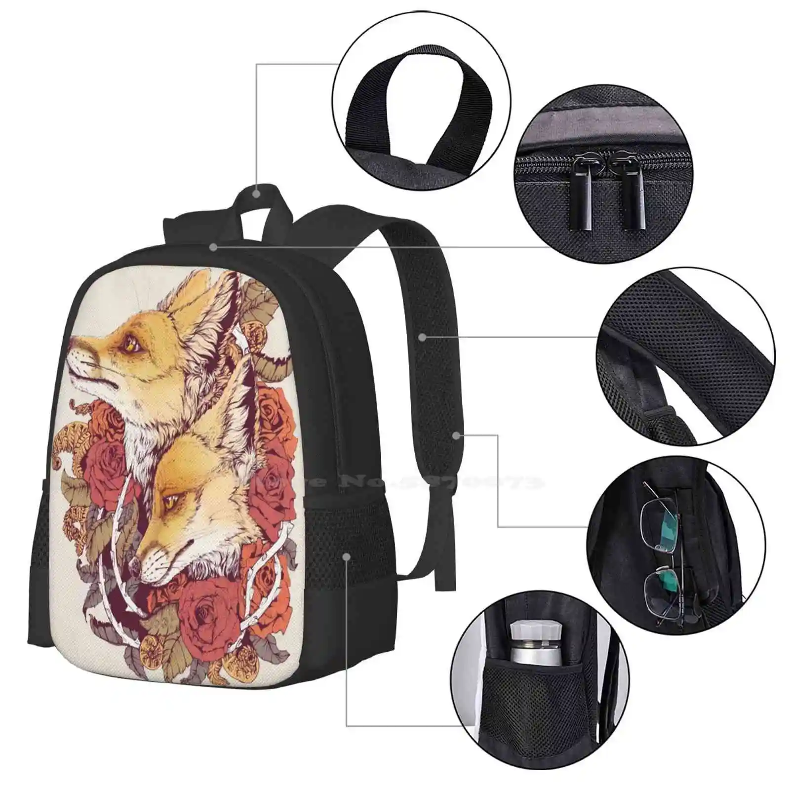 Mochila Red Fox Bloom para homens e mulheres, mochila para adolescentes, rosas, raposas vermelhas, Vixen, vulpes, floral, bud, samambaia, espiral, espinhos, natureza