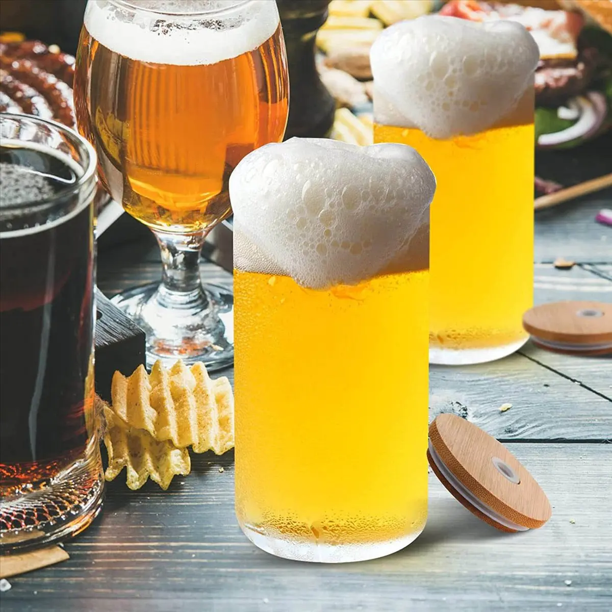 Okay Beer علبة زجاجية مع أغطية من الخيزران وقش زجاجي، 8 عبوات من أكواب الشرب سعة 16 أونصة مع أغطية وشفاطات، أكواب زجاجية على شكل علبة