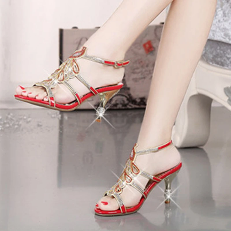 Summer High Heel Sandals Women\'s Thin Heel Rhinestone Banquet Sandals Thick Heel Diamond Crystal Wedding Party Shoes