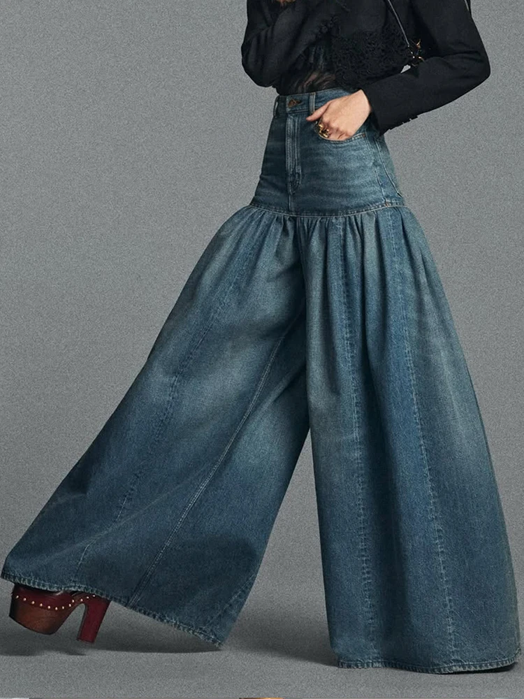 Schicke High-Waist-Hose mit Rüschen und weitem Bein, aufgesetzten Taschen, gewaschenem Vintage-Denim für Damen, Retro, locker geschnitten, lässige Streetwear-Hose