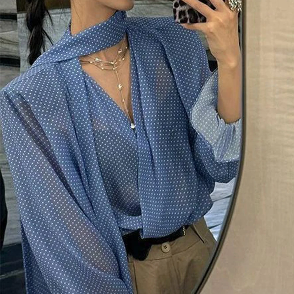 

Korean blue polka dot v-neck long-sleeved sunscreen shirt women's spring thin micro-transparent streamer loose shirt top