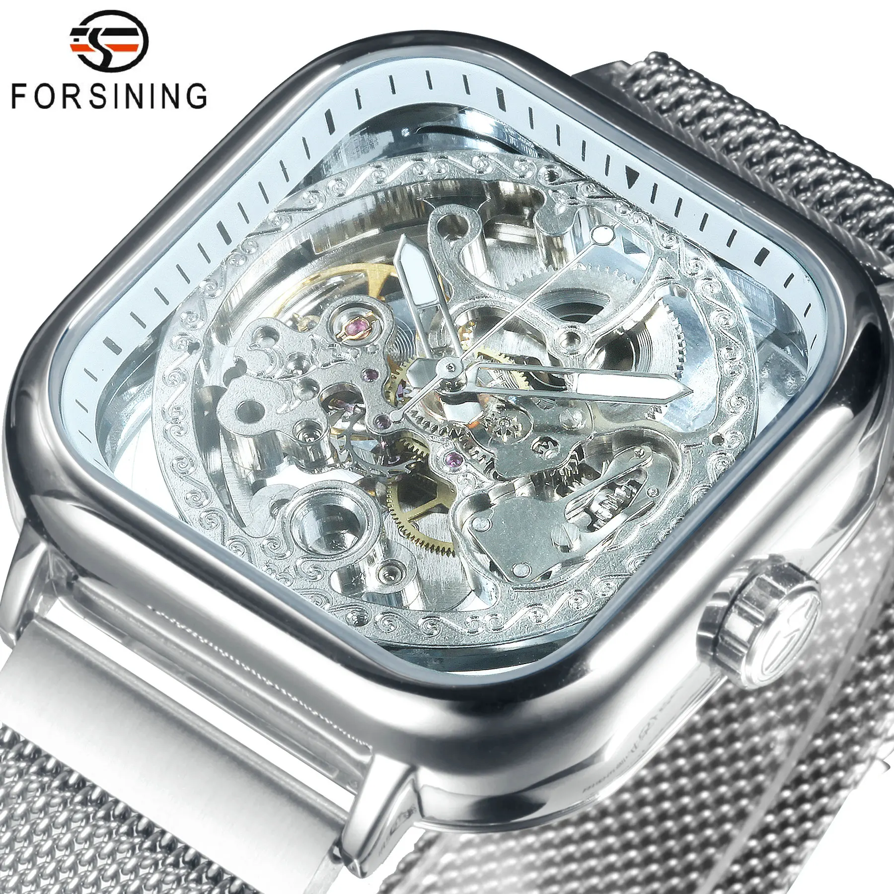 Forsining Square Skeleton Automatic Watch for Men Luminous Hands Engraved Movement Luxury Mechanical Watches Mesh Steel  Strap