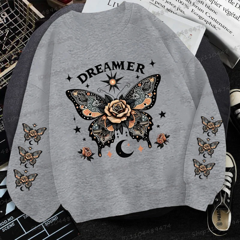 Vintage Butterfly Dreamer Fleece Sweatshirts Vrouwen Grappige Dieren Vlinder Rose Print Grafische Sportkleding Vrouwelijke Koreaanse Sweatshirt