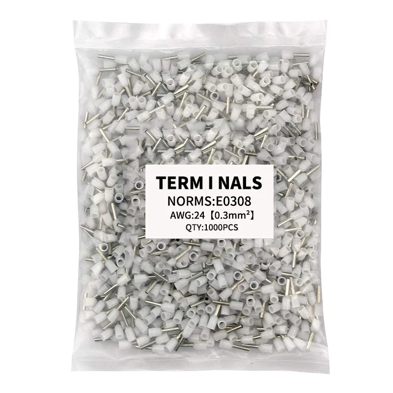 1000pcs Insulated Ferrules Terminal Crimp Terminator cold pressed insulated termina E0308 Wire Ferrules  For 0.3mm2, 24 AWG
