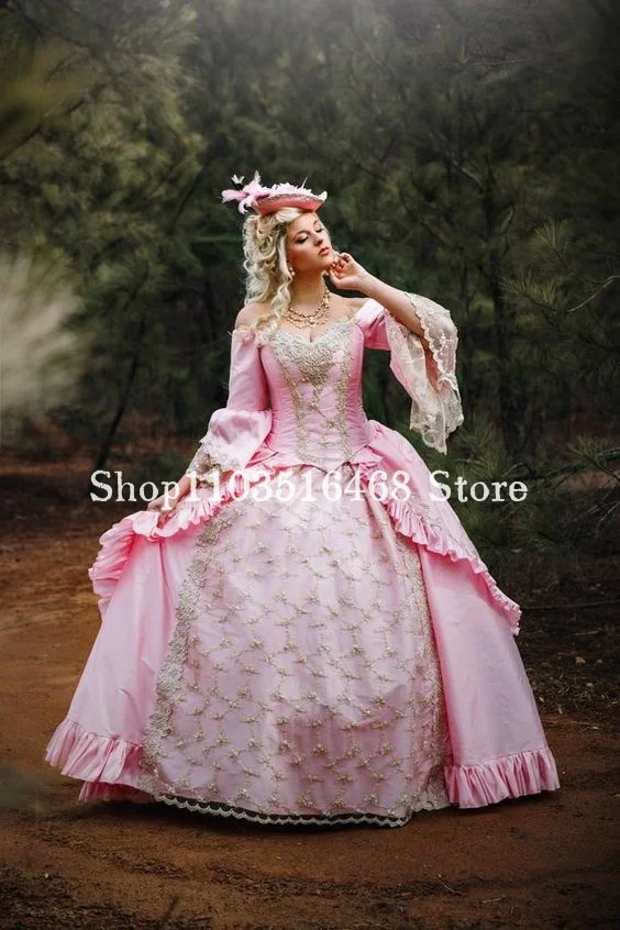 

Peach Pink Vintage Victorian Prom Dress Strapless Civil War Applique Corset Ruffle Medieval Princess vestidos de gala Custom