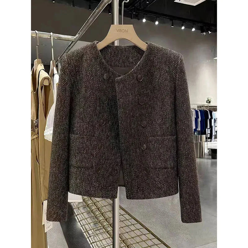 

Женская повседневная двубортная куртка в британском стиле с длинными рукавами, укороченная, осенне-зимняя, элегантная, верхняя одежда для женщин