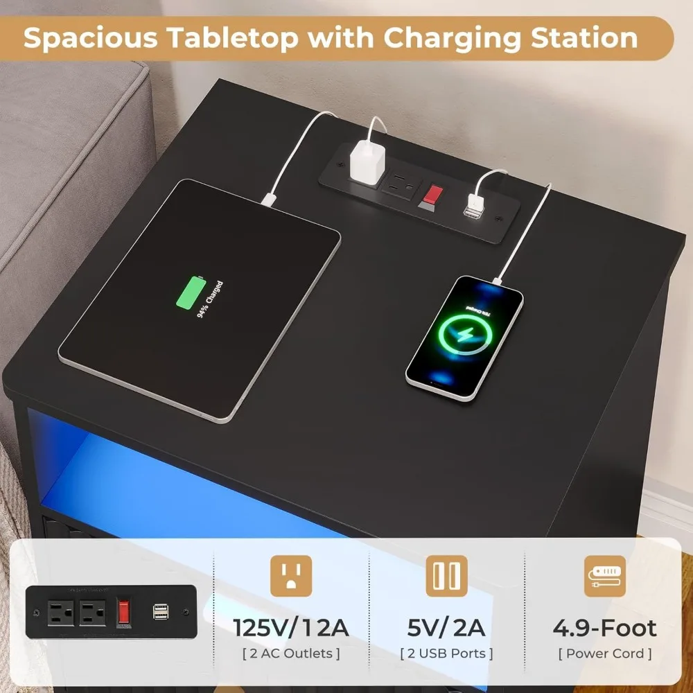 VIAGDO مجموعة منضدة مخددة مكونة من قطعتين مع قاعدة شحن وأضواء LED، مجموعة حامل ليلي حديث 2 مع درجين وتخزين مفتوح #4