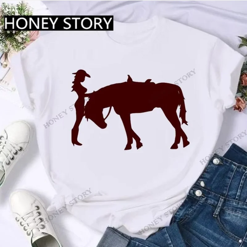 

Fashion personality Street lip Love Horse geometric graphic printed women's T-shirt Student short sleeve