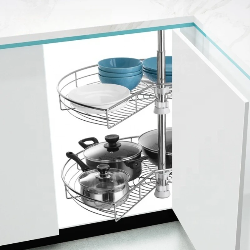 Round multifunctional three-sided foldable chrome-plated rotating steel wire kitchen cabinet drawer storage basket