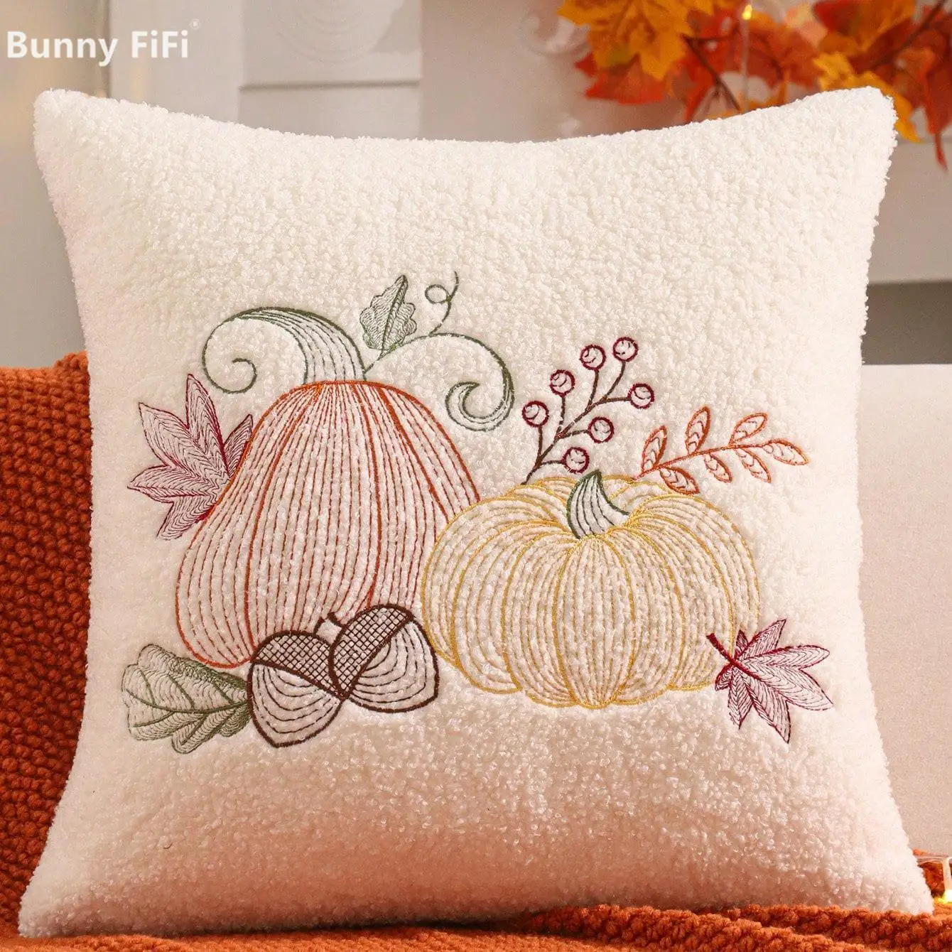 Thanksgiving White Sequin Embroidery Pumpkins Cushion Covers Halloween Party Plush Decorative Throw Pillow Cases For Sofa Bed