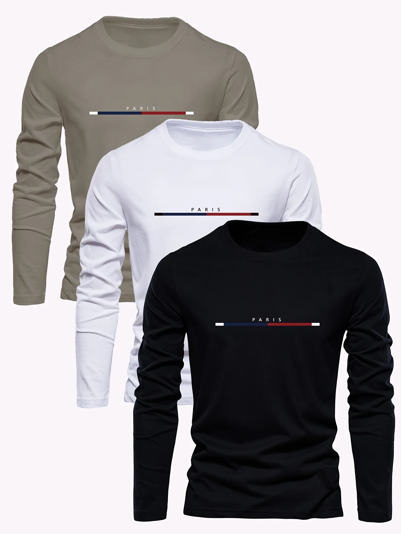 Men's 100% pure cotton summer loose comfortable casual  PARIS print large round neck  long sleeve T-shirt top image 2