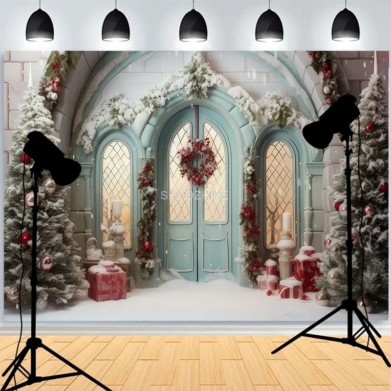 

Christmas Scene With Fireplace Door Snow Covered Porch Wreath Living Room Decorations New Year Holidays Party Background XH-26