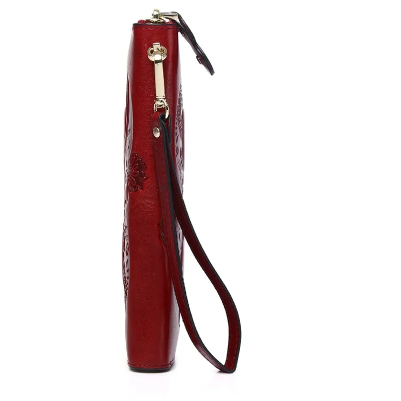 Vintage Genuine Leather Woman Wallet Floral Real Cow Leather Purse Ladies First Layer Cowhide Clutch Bag