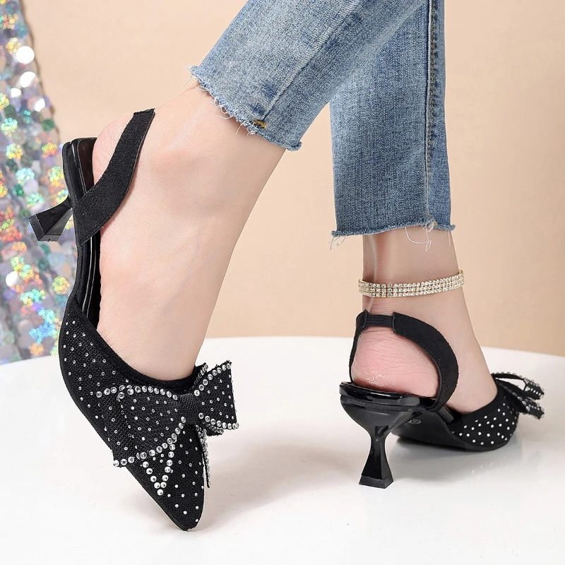 High Appearance Level Bao Head Fine Heeled Rhinestone Bow Back Trip Strap Fashion All-match Comfortable Non-slip Sandals Women