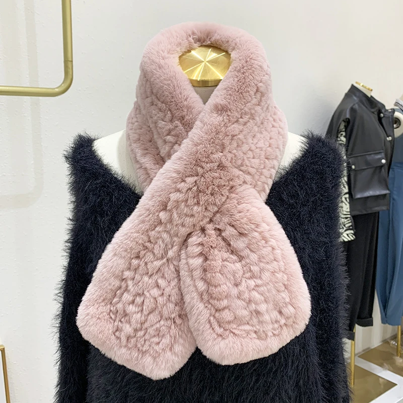 MPPM Winter Thick Real Natural Rex Rabbit Fur Fluffy Scarf Knitted Rex Rabbit Fur Collar Rabbit Fur Muffler Fashion Scarves