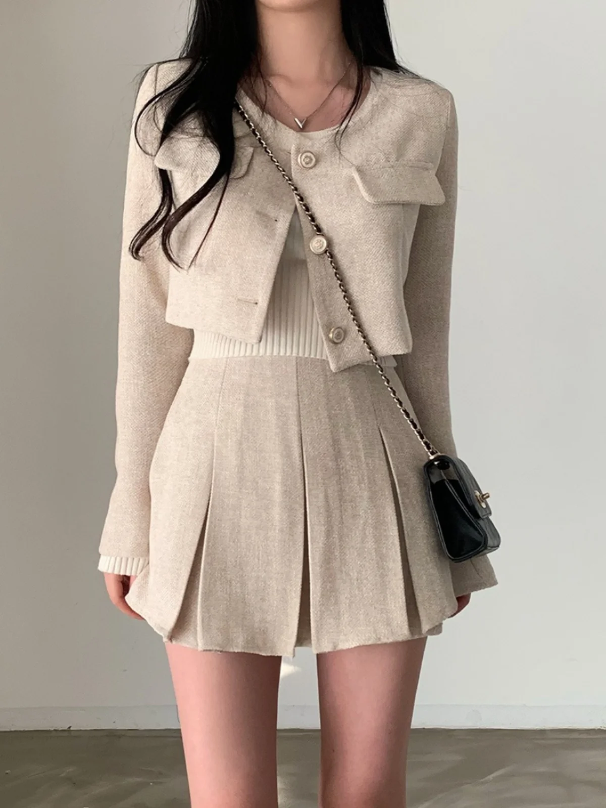 Chic Autumn Winter Short Coat And Pleated  Skirt Set with Inner  Fashionable Outerwear for Women Button up Long Sleeve