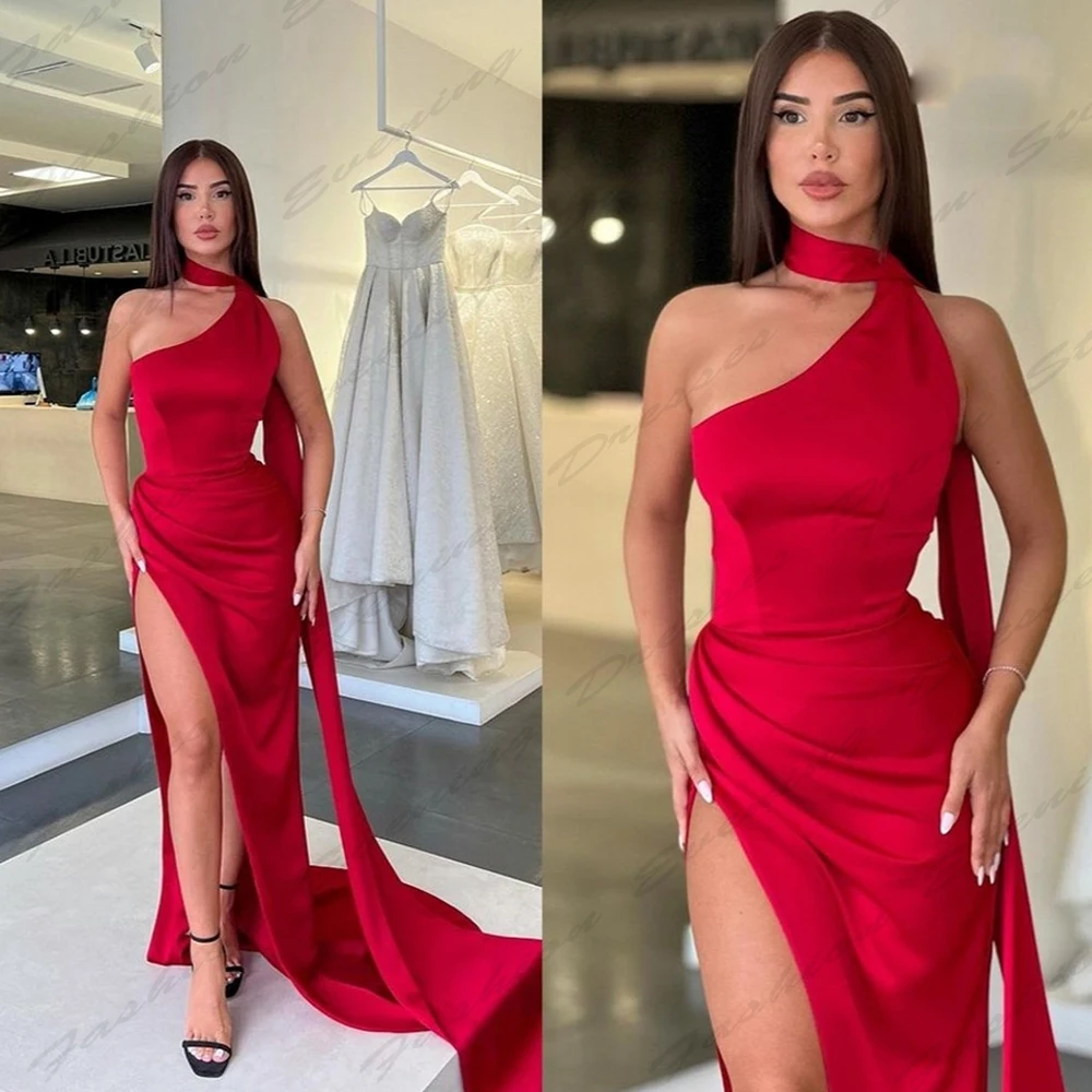 

Elegant Gorgeous Satin Evening Dresses For Women Mermaid Backless Sexy Off The Shoulder Sleeveless High Slit Female Prom Gowns