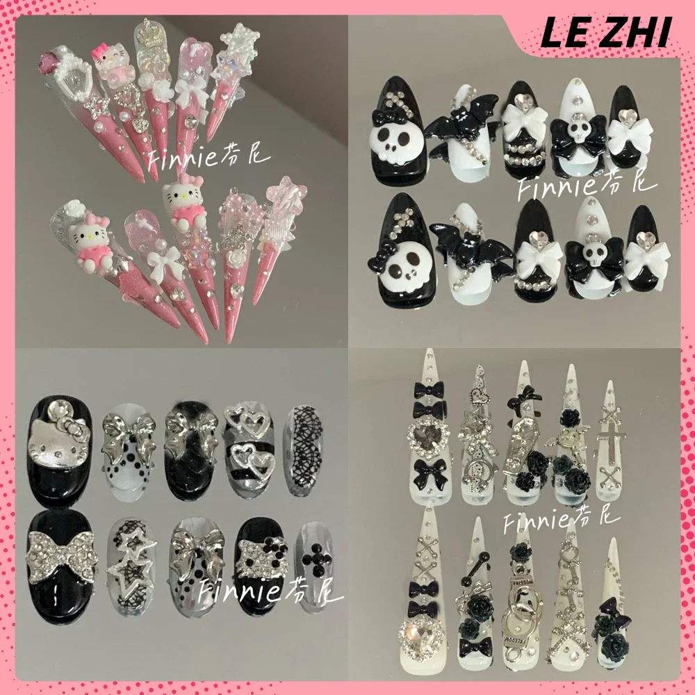 

Y2K Spice Girls Long Tip Fake Nails Kawaii Hellokitty 3D Bowknot Camellia Glitter Diamond Reusable Full Cover Nails Holiday Gift