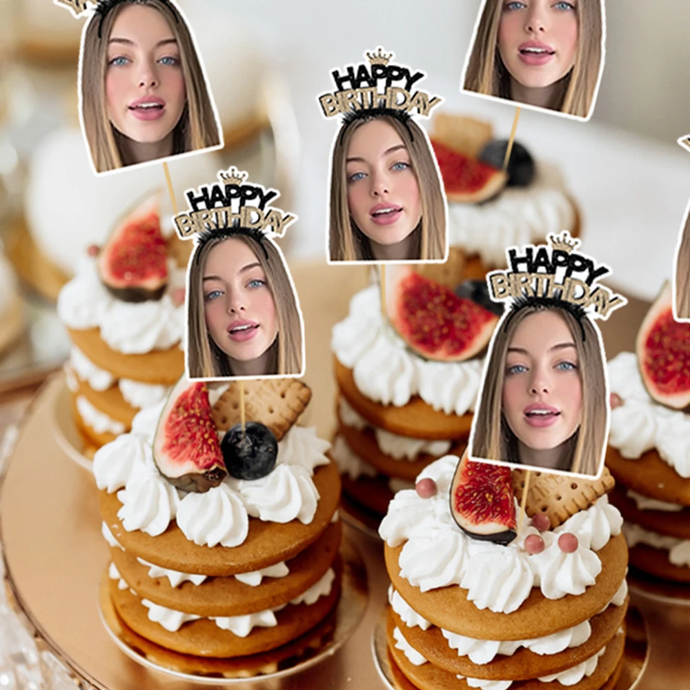12 Stück individuelle Cupcake-Topper zum Gute zum Geburtstag, personalisiertes Gesichtsfoto mit Geburtstagskronen-Design, Cupcake-Dekoration, Partyzubehör