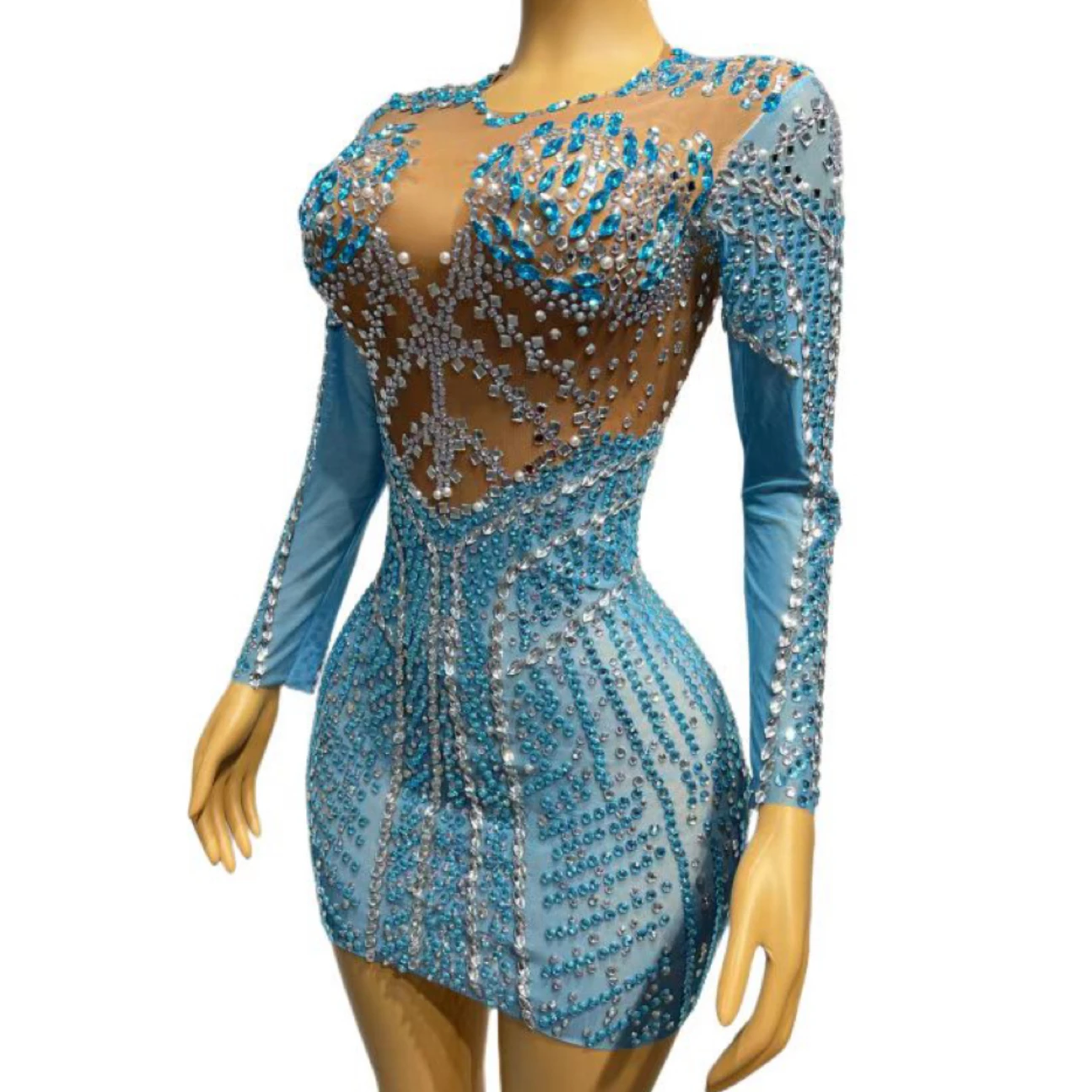 Full Rhinestones Dress Model Singer Stage Costume Drag Queen Clothes Party Banquet Blue Evening Dresses Carnival Outfit