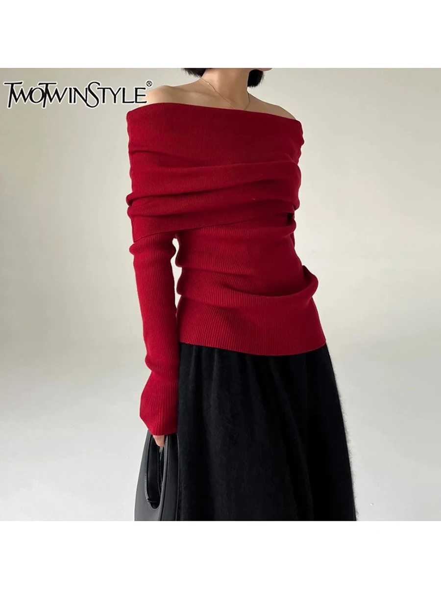 TWOTWINSTYLE Solid Slimming Spliced Folds Sweaters For Women Slash Neck Long Sleeve Temperament Top Female Fashion Style Clothes