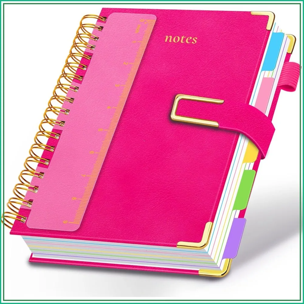 8x10 Leather Journal, 300 Pages, 5-Subject Notebook with Dividers, Magnetic Closure, College Ruled, Rose Red