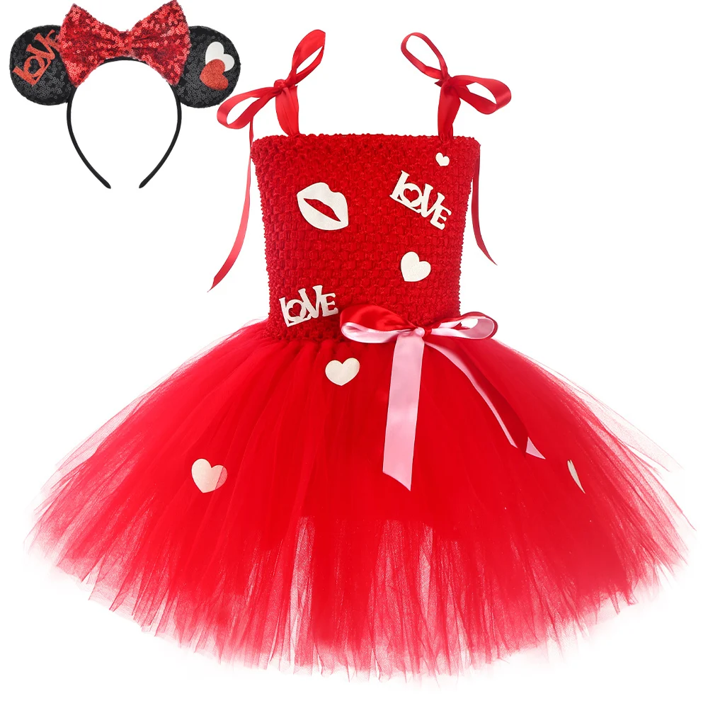 Valentines Day Outfit for Kids Birthday Tutu Dress Girls Christmas Costumes Toddler Baby Girl Red Clothes with Minnie Bow Gift