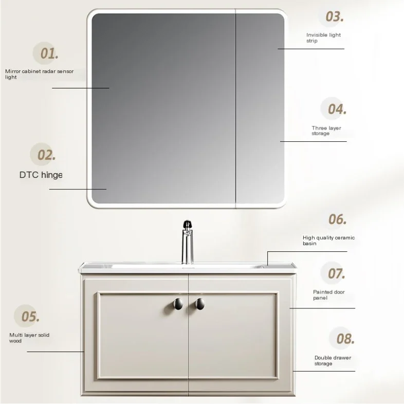 Modern hotel bathroom cabinet vanities wall mounted mirrored mirrored cabinets solid wood waterproof bathroom cabinet