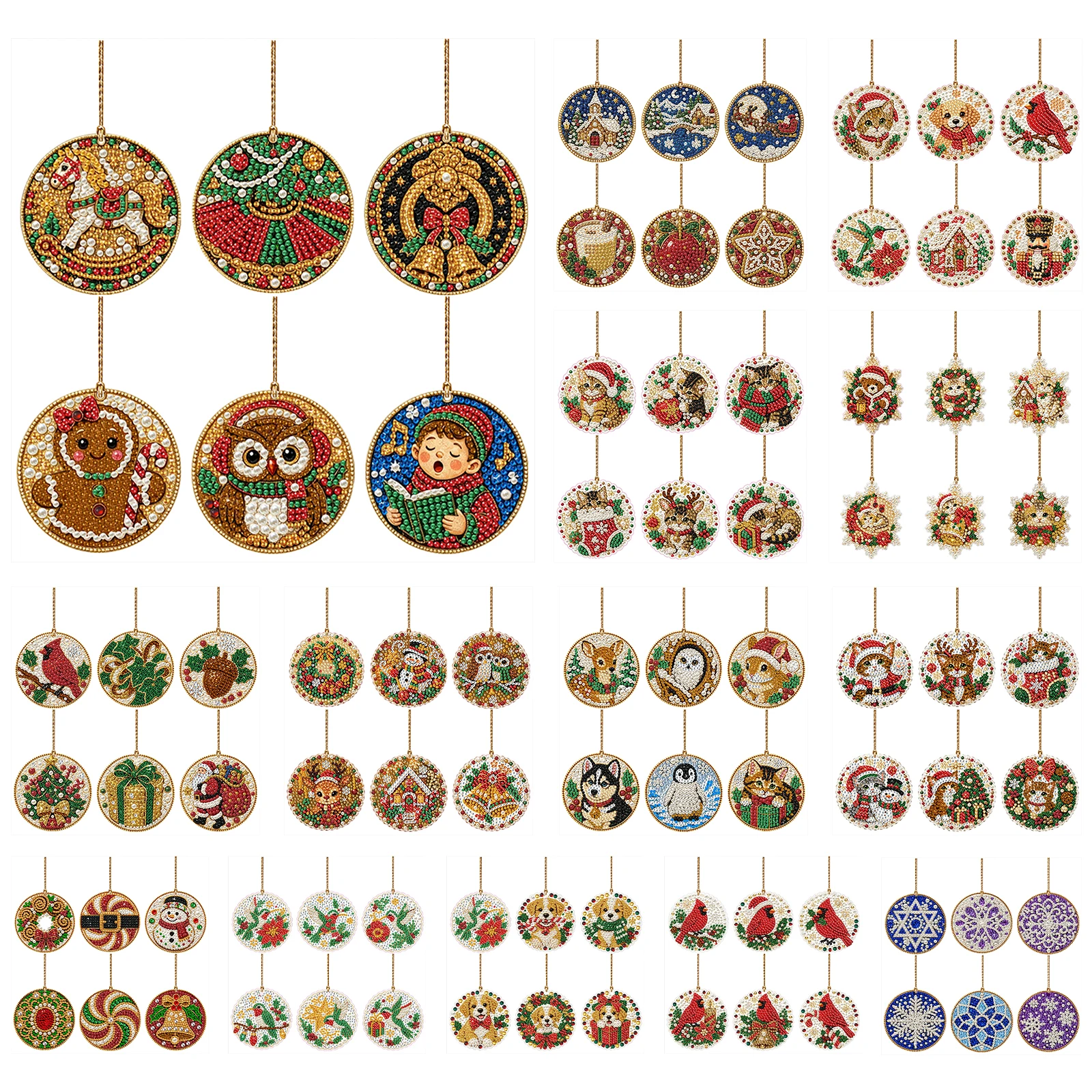6-teiliges DIY-Weihnachtsornament-Bastelset, runde Holzanhänger zum Aufhängen, Diamantmalerei, Weihnachtsbaumdekoration, Juteschnur